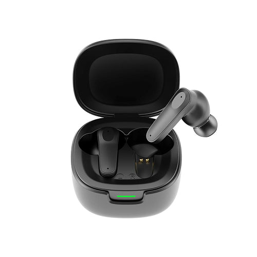 Black wireless earbuds with charging case on a white background
