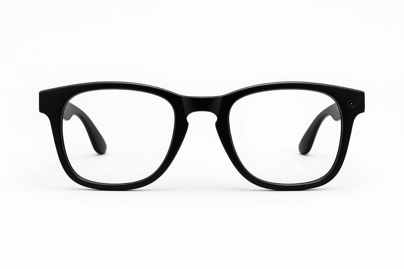 completely white background. no text or lights on the glasses. Add a subtle camera to the lense