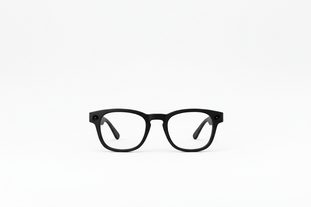 completely white background. Black glasses with camera lenes in both sides. the camera lenses should also be black and subtle