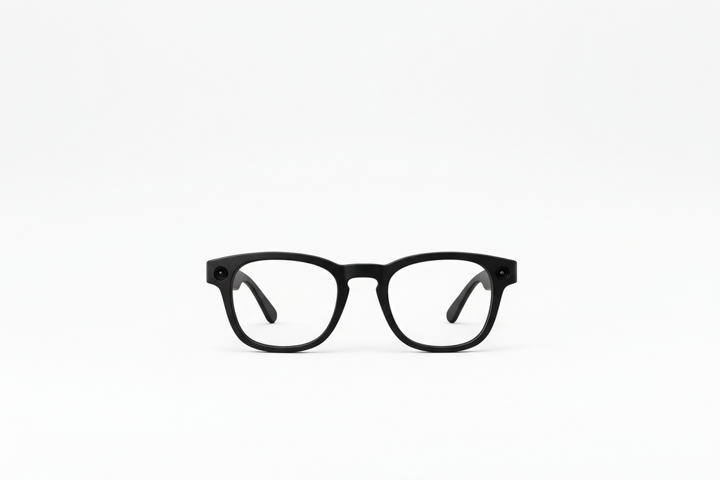 completely white background. Black glasses with camera lenes in both sides. the camera lenses should also be black and subtle