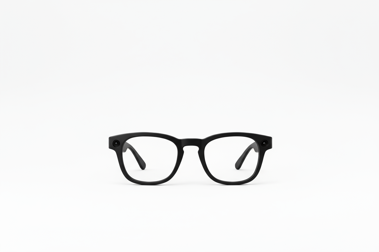 completely white background. Black glasses with camera lenes in both sides. the camera lenses should also be black and subtle