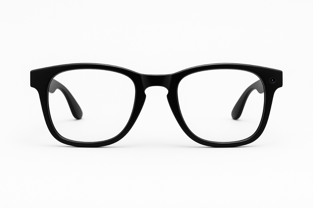 completely white background. no text or lights on the glasses. Add a subtle camera to the lense